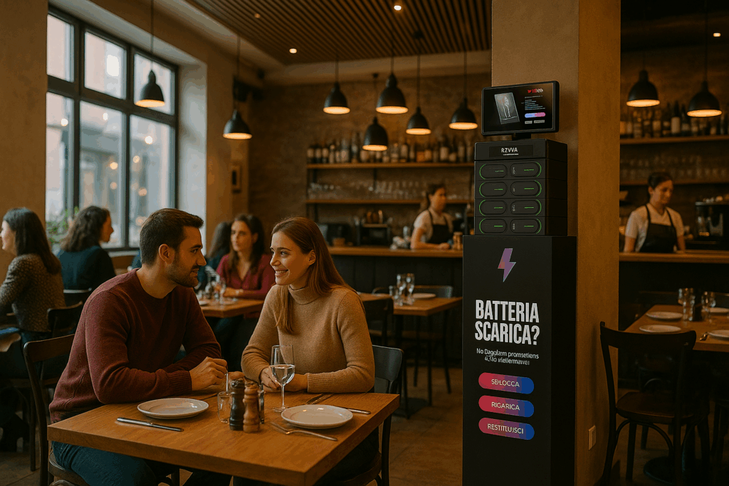 Totem ricarica cellulari PAWA installato in un ristorante