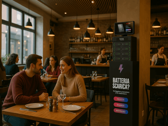 Totem ricarica cellulari PAWA installato in un ristorante